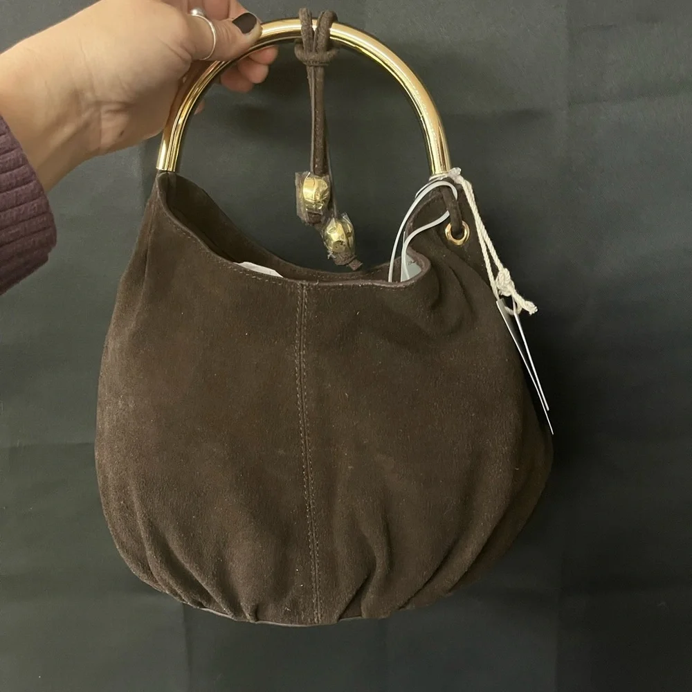 NWT Haute Hippie Dark Brown Suede Shoulder Bag with Gold Handle